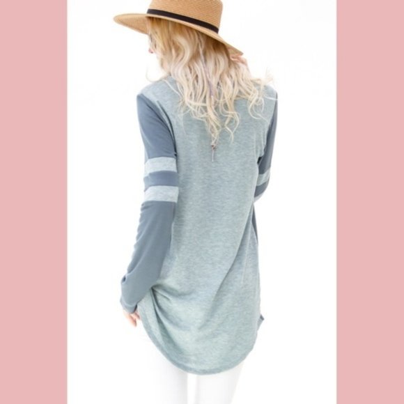 Long Stripe Sleeve Casual Top Blue/Teal High Low - Picture 8 of 9
